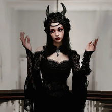 WY22050欧美暗黑风新款喇叭袖立领蕾丝拼接露肩气质休闲百搭坎肩