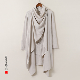 Chinese Style Vintage Coat Cotton-linen Breathable Trucker Collar Monk Lay-monk Buddhist Suit Men's Taoist Robe Cloak Hanfu