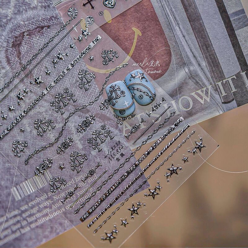 跨境tomoni美甲复古暗黑金属银色克罗心十字架链条朋克指甲贴纸|undefined