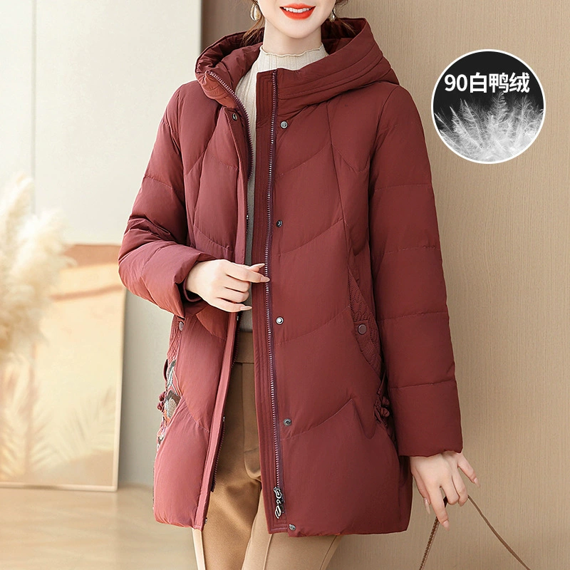 Новая мама пуховик средней и длинной с капюшоном вышивка иностранное пальто среднего и пожилого возраста бабушка молния хлопчатобумажный топ