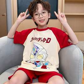 夏天儿童上衣裤子两件套装睡衣夏季中大童男孩夏季卡通奥特曼睡衣