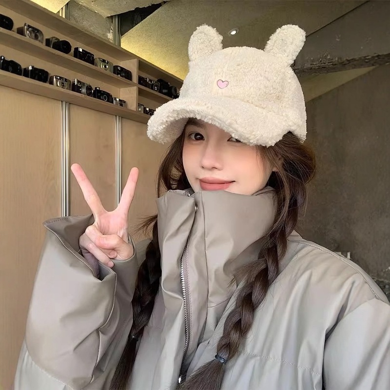 甜美可爱兔耳朵棒球帽子女秋冬羊羔毛绒加厚保暖百搭显脸小鸭舌帽|undefined
