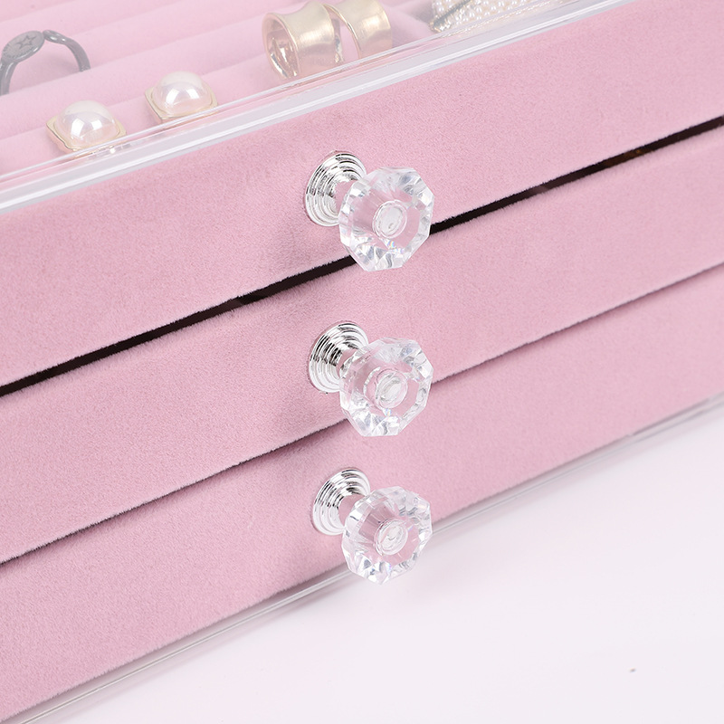 Joyero de acrílico con almacenamiento de tres niveles tipo cajón para anillos, accesorios para el cabello, pulseras y caja de terciopelo para guardar joyas.