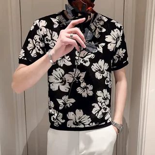 夏季2025新款男士短袖韩版修身弹力冰丝镂空半袖T恤男士T恤批发潮