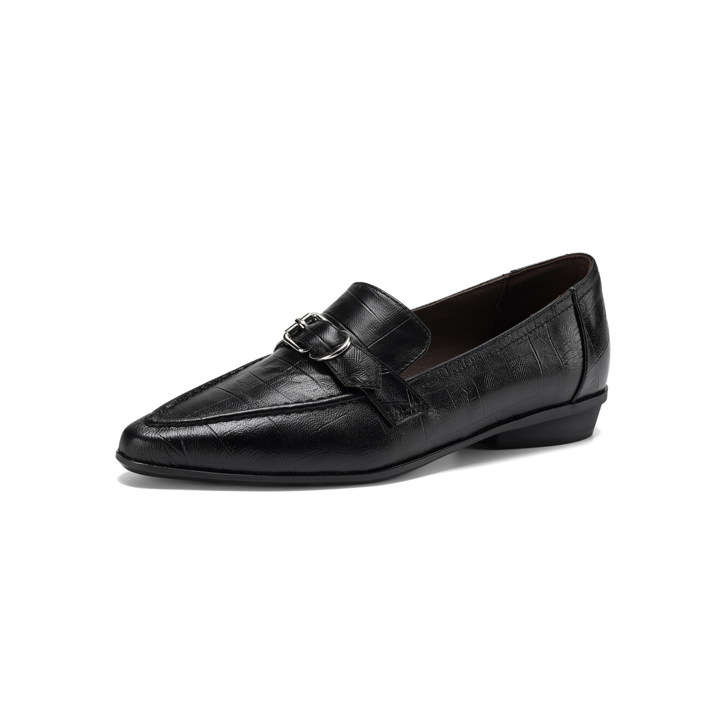 Giày loafer nữ phong cách Anh quốc, mũi sâu, gót thấp vuông, da bò — màu nâu