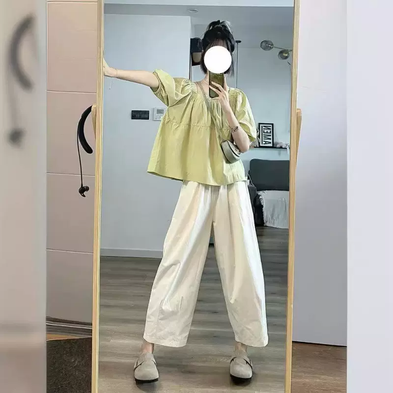 盐系小清新休闲运动服套装女夏季小个子短袖阔腿裤宽松百搭两件套
