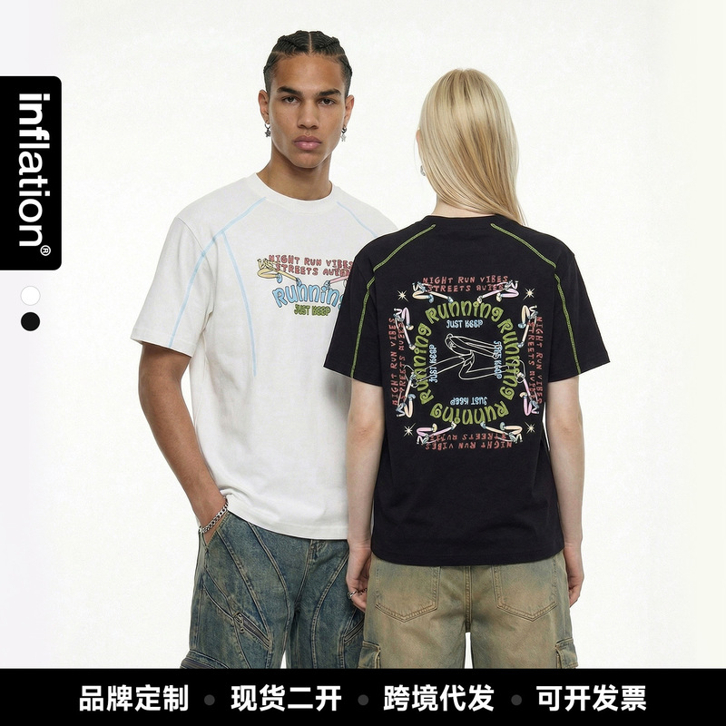 Jie Zhan Men's Clothing | Velvet Imitation Embroidery Running Print T-Shirt Summer New Fashion Brand Color-Blocking Round Neck Short-Sleeve Top Jie Zhan Men's Clothing | Velvet Imitation Embroidery Running Print T-Shirt Summer New Fashion Brand Color-Blocking Round Neck Short-Sleeve Top