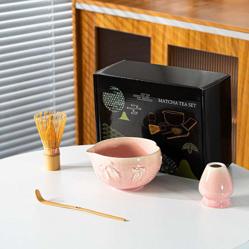 跨境专供新款抹茶碗带嘴陶瓷日式抹茶套装彩盒7件套爱心百本立|undefined