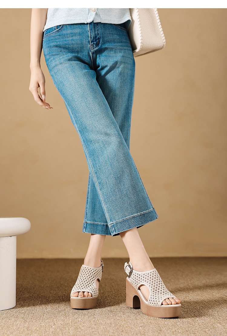 Sandal cao gót nữ mũi hở lưới xuyên thấu, đế xuồng dày, gót thô, phong cách La Mã — màu trắng ngà, màu mơ chi tiết 7