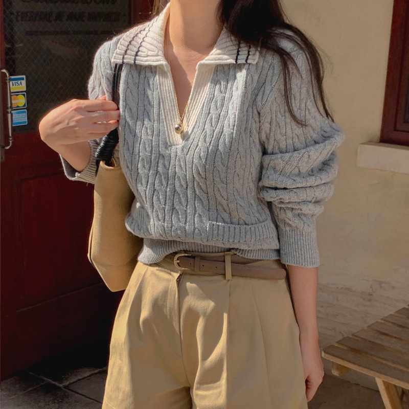 In stock South Korea ins niche retro polo collar twist long sleeve sweater sweater all-match top bottoming shirt In stock South Korea ins niche retro polo collar twist long sleeve sweater sweater all-match top bottoming shirt