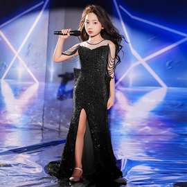 儿童晚礼服裙轻奢小众黑色亮片钢琴演奏主持人女童模特走秀演出服
