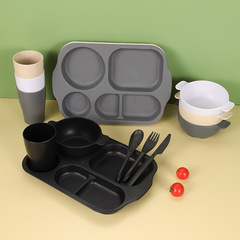 亞馬遜 4人份24件套小麥秸稈學生分格餐盤湯碗杯子刀叉勺餐具套裝