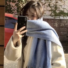 蓝色马海毛加厚纯色围巾秋冬保暖百搭长款流苏围脖披肩女批发价