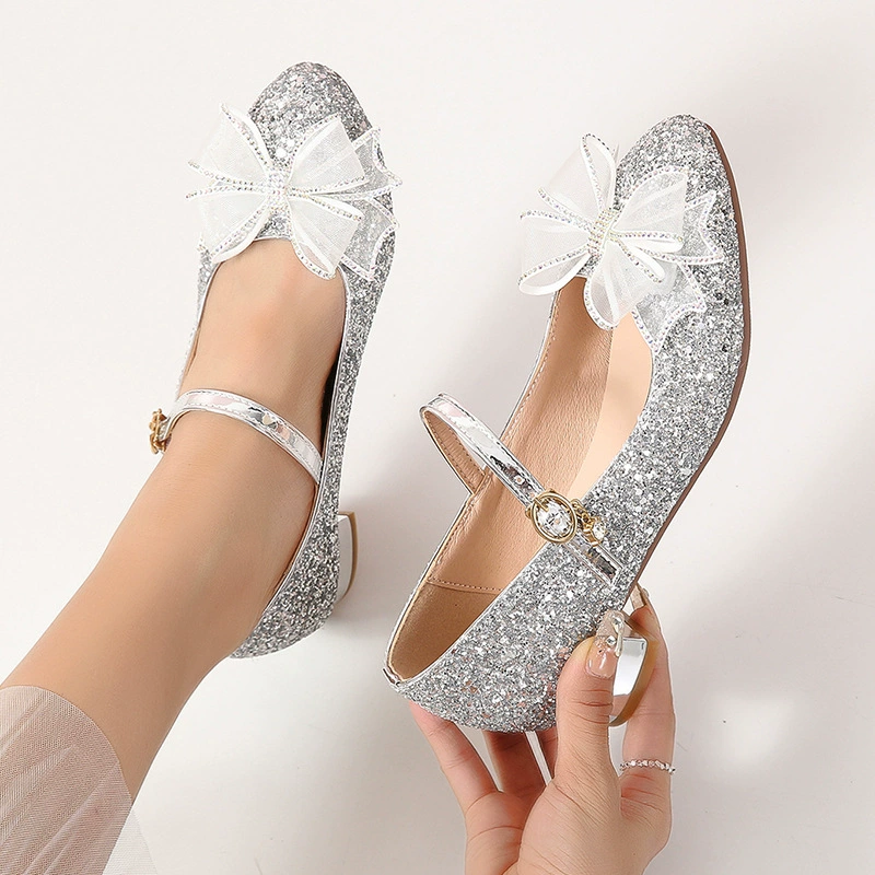 Туфли принцессы для девочек, весна и осень, новые однослойные туфли для студентов среднего и большого возраста для ведущего подиума, детские туфли на высоком каблуке с кристаллами