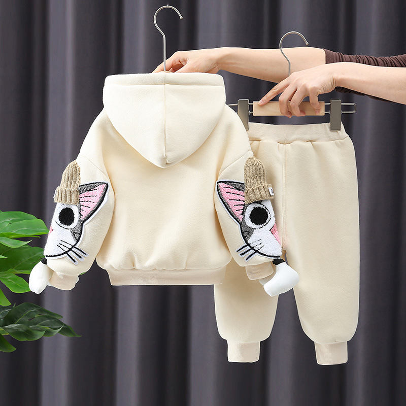 소녀의 봄과 가을 세트 새로운 세련된 기모 두꺼운 운동복 투피스 세트  소녀 유행 겨울 옷