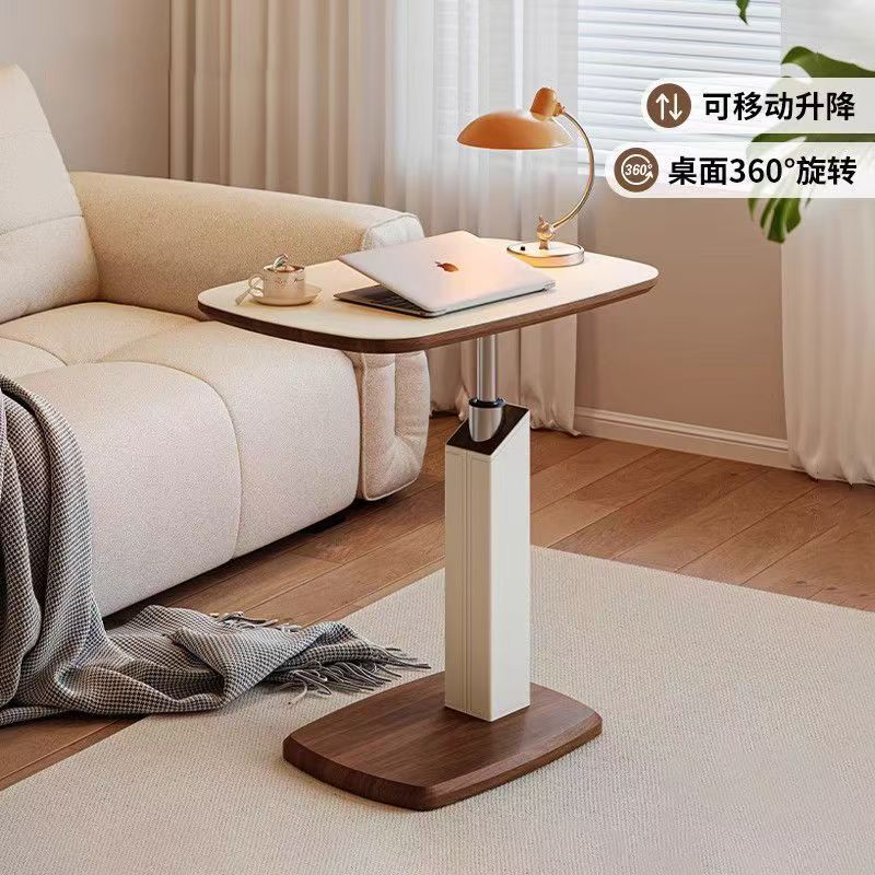 Saddle Leather Adjustable Side Table, Vintage Style Movable Coffee Table for Living Room, Adjustable Table for Bedroom, Bedside Computer Desk