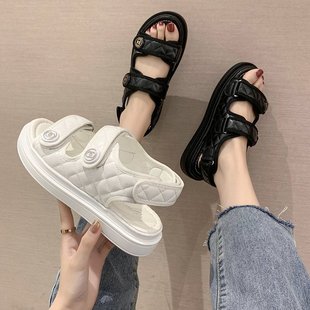 Chanel Style Diamond Platform Roman Sandals with Metal Buckle All-Match Velcro Flat Sandals Casual Beach Shoes Women's Summer