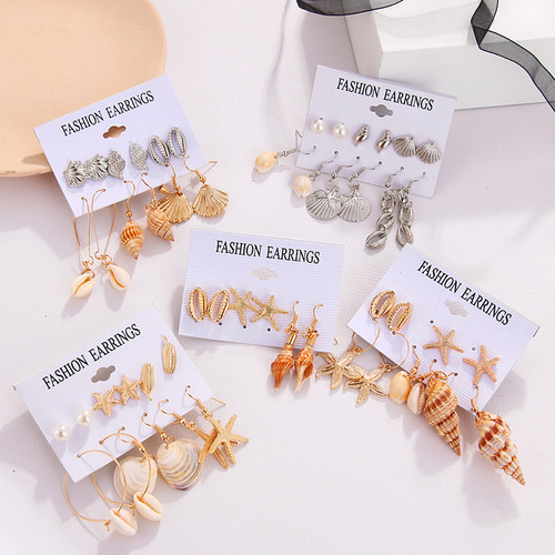 Muse Fashion Gold and Silver Shell Natural Scalloped Earstud Set New Creative Earring Set Cross-border Hot Item MS036
