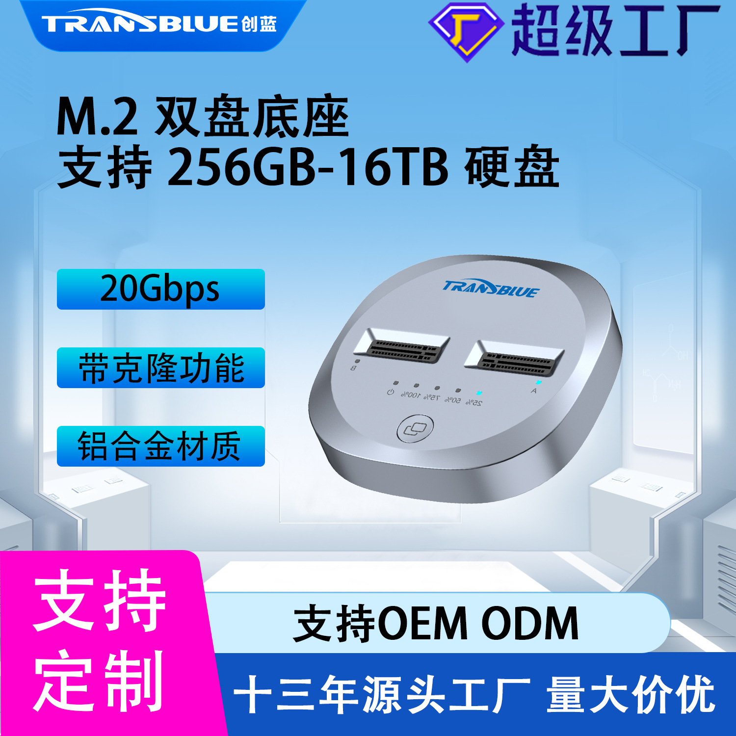 创蓝新品支持OEM定制M.2移动硬盘盒底座双盘位NVME固态硬盘外置盒