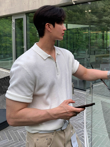 Simple casual knitted short-sleeved T-shirt for men in summer thin loose lapel top Korean style old money style outfit