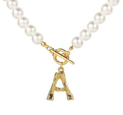 歐美跨境ABS仿珍珠26英文字母吊墜項鏈英文字母項鏈串珠珍珠首飾
