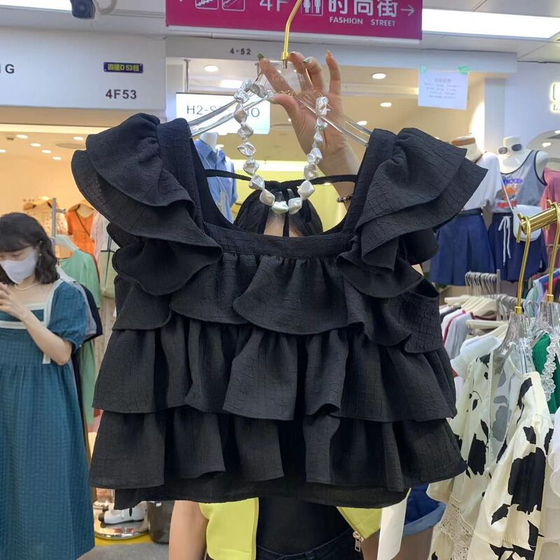 2023 Spring New Korean Fashion Slim Fit Ruffled Square Neck Flutter Sleeve Versatile Short Shirt Women's Top