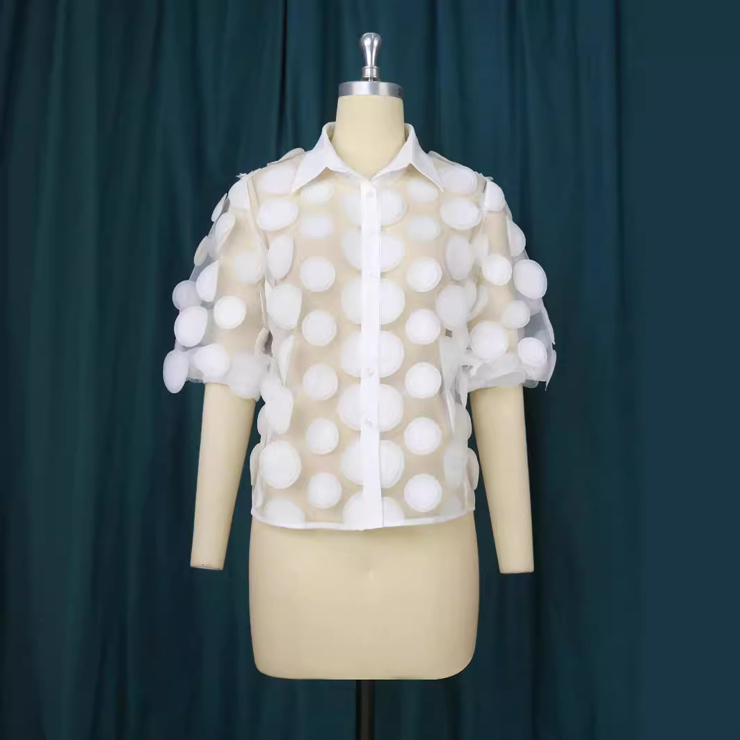 AM021226 nuevo nicho creativo Dot parche superior diseñador transpirable ver-a través de camisa