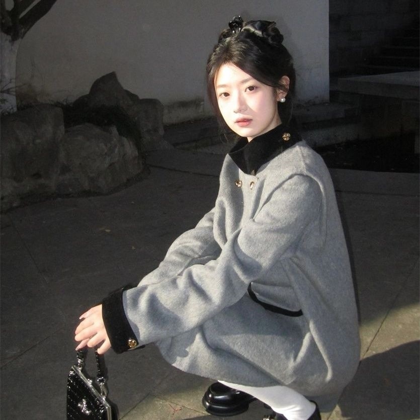 登风气质名媛立领双排扣骑士呢子冬季新款洋气宽松保暖毛呢外套女
