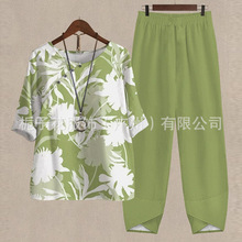 独立站专供女休闲套装时尚装夏季新款五分袖印花上衣裤子两件套