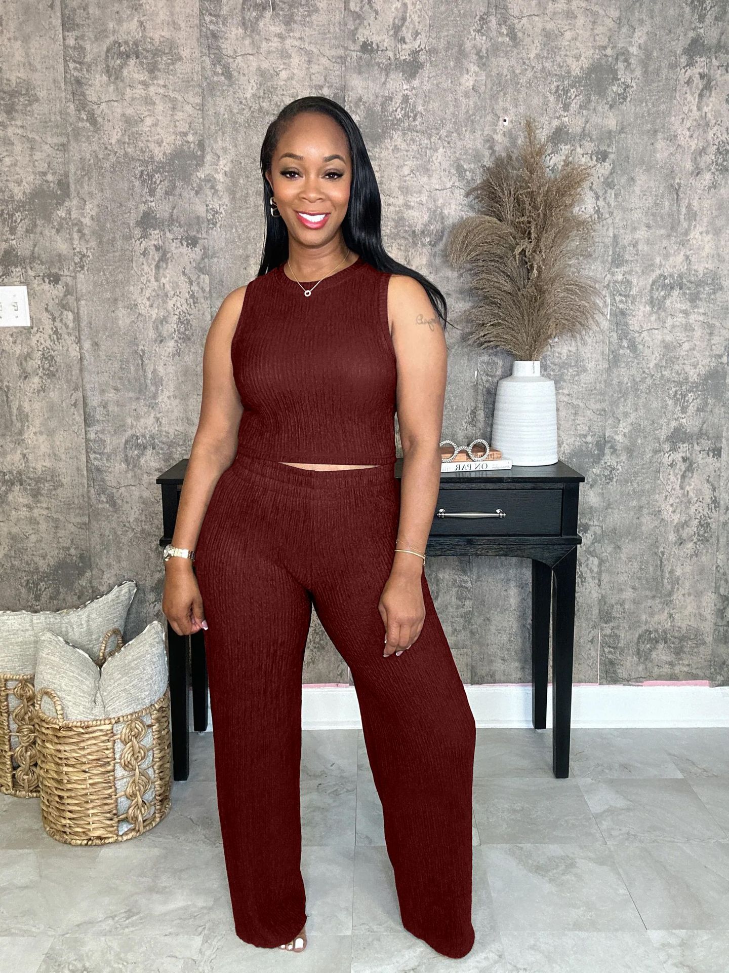 Women's Sleeveless Round Neck Solid Color Top & Long Pants Set - Breathable Polyester Spandex Blend - Casual Office Wear - Black/Maroon (S-XXL)_ecoleips.com
