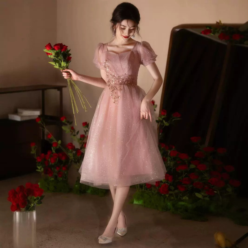 Evening Dress Women's High-end Feeling Banquet Elegant Light Luxury Niche High-end Lotus Root Color Small Host Mid-length Style