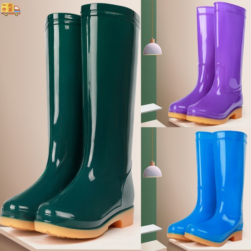 High cylinder Rain shoes non-slip thickening water boots long and tube-shaped Plush fashion keep warm Rubber shoes Water shoes waterproof Amazon