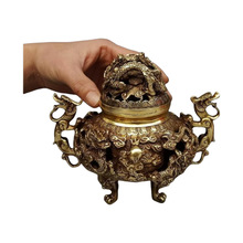仿古铜 白铜黄铜大号镂空九龙熏香炉摆件 家居办公装饰工艺品