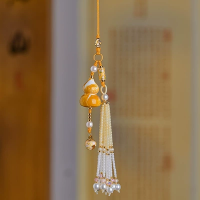 Tassel Ornament Handmade Peace and | Car hanging - orange-lacquer-gourd-yellow-and-white-beads-tassel-pendant
