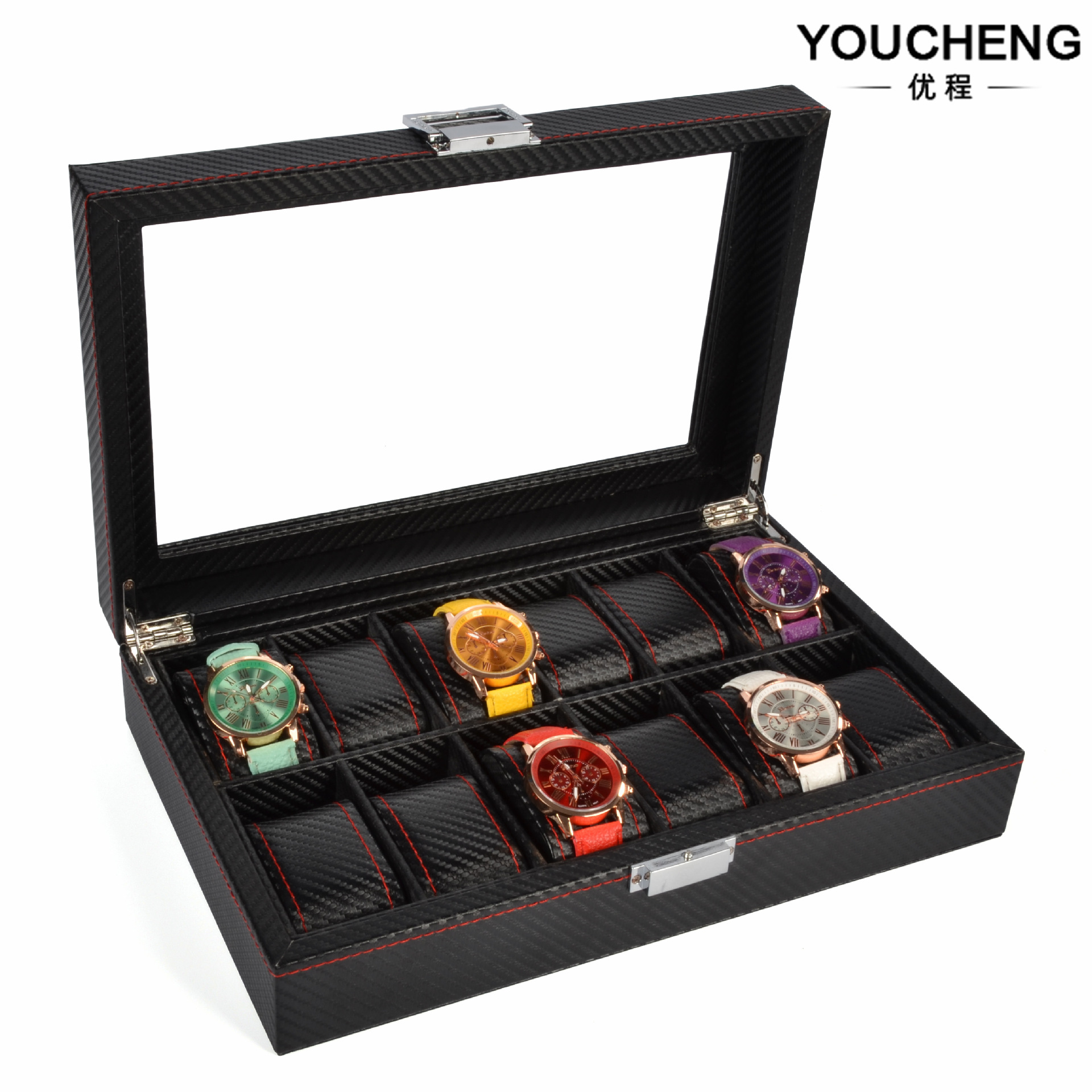 现货批发碳纤维pu皮革12位手表盒子木质手表收纳盒手表包装盒厂家