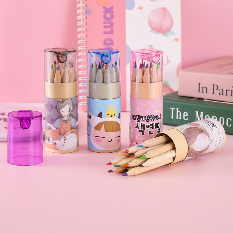 Coreana encantadora flotante 12 lápiz de color dibujos animados barril de dibujo de estudiantes de arte lápiz con cuchillo de lápiz