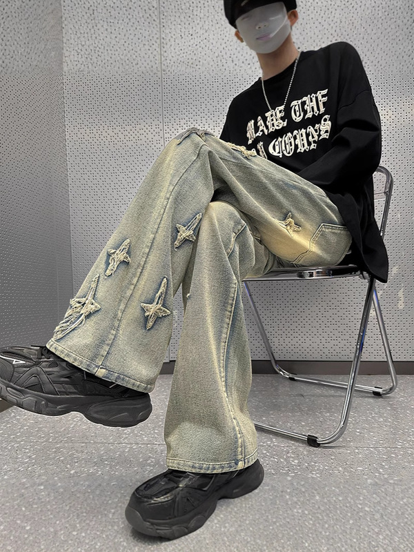 刺绣微喇牛仔裤男直筒宽松阔腿美式高街裤子潮牌痞帅水洗复古长裤|undefined