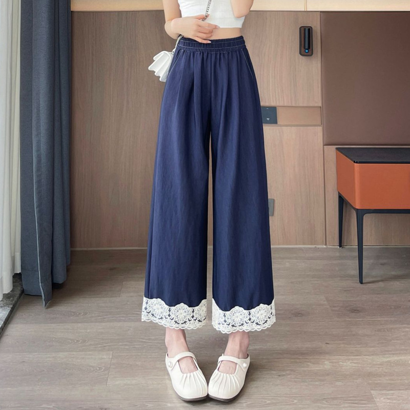 Imitation Tencel Lace Wide Leg Pants Women's Spring and Summer Mori Style Sweet Sagging Soft Waxy Casual Pants for Small Nine Points