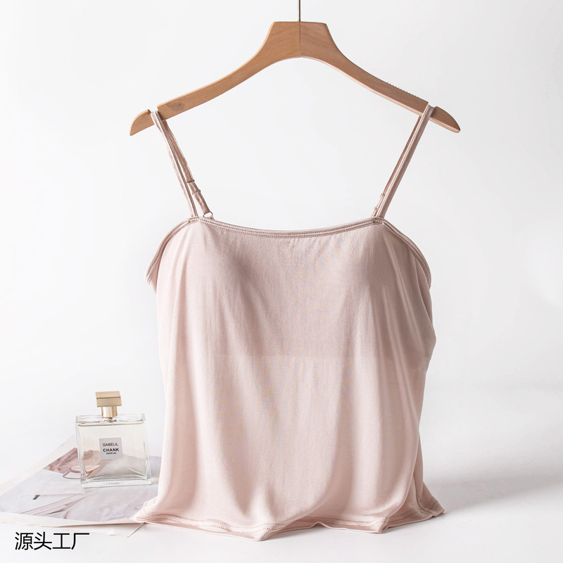 Silk Camisole with Built-In Bra, Comfortable and Skin-Friendly, Thin Style, Double-Sided Silk Craftsmanship, with Built-In Chest Pads