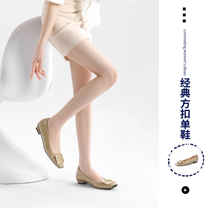 Shangzhan RV fivela quadrada salto grosso sapatos baixos elefante cinza moda couro envernizado advogado colarinho branco executivo trabalho commuter salto alto