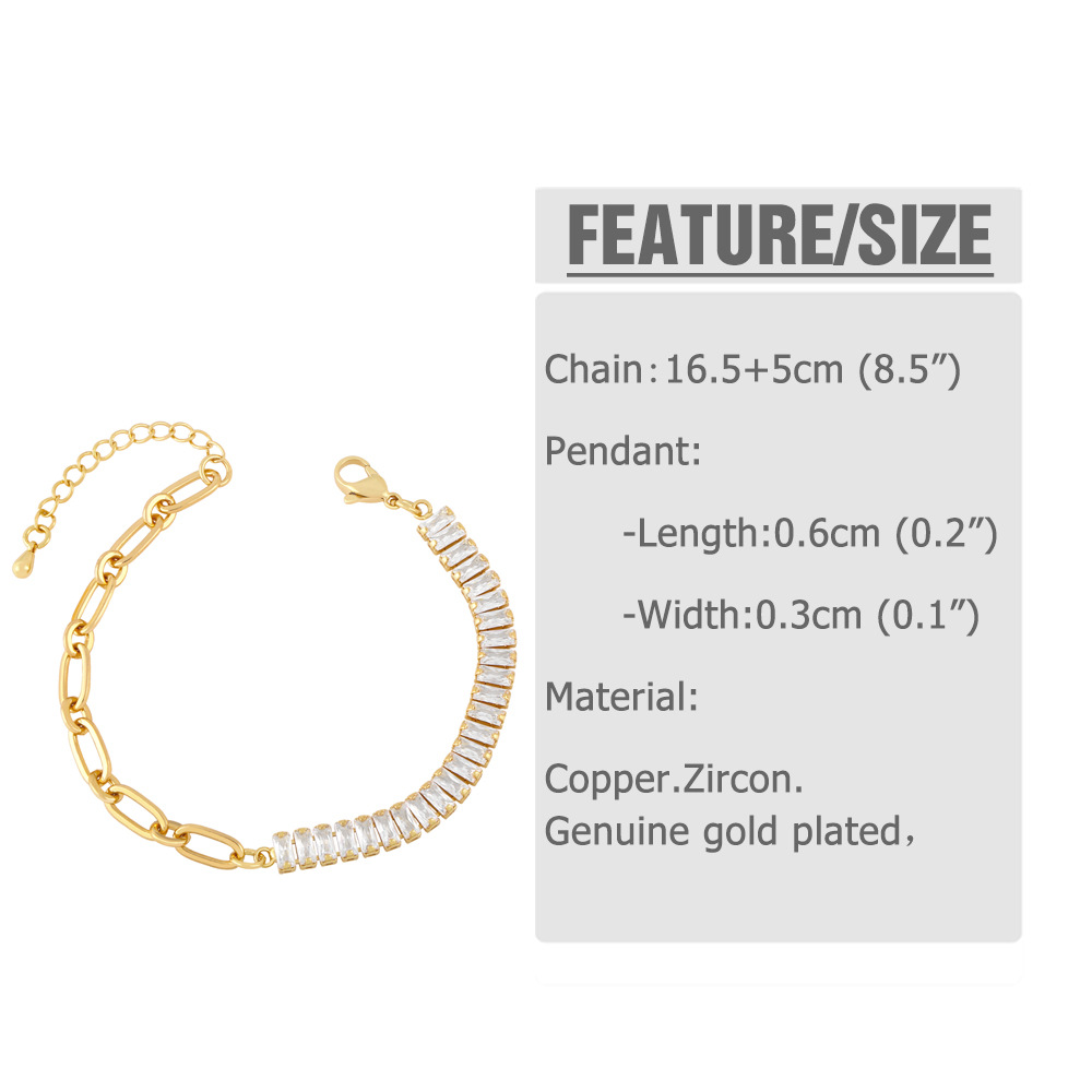 New Niche Light Luxury Stitching Square Zircon Copper 18k Gold Bracelet Female display picture 2