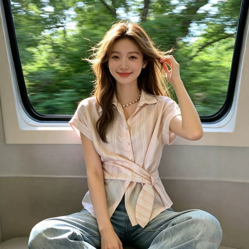 French-Style Chic Pink Striped Short-Sleeve Shirt for Women, Summer 2026, Unique and Fairy-Like Irregular Tie-Up Top French-Style Chic Pink Striped Short-Sleeve Shirt for Women, Summer 2026, Unique and Fairy-Like Irregular Tie-Up Top