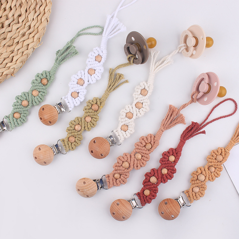 Cadena de pezón de cuentas de haya para bebés, bebé de bricolaje, forma de concha tejida a mano, chupete de cuerda de algodón, cadena anti-caída