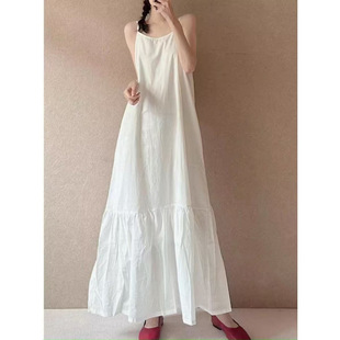 Cotton and Linen White Dress Minimalist Splicing Suspender Skirt 2025 Summer Temperament New Loose Artistic Long Skirt