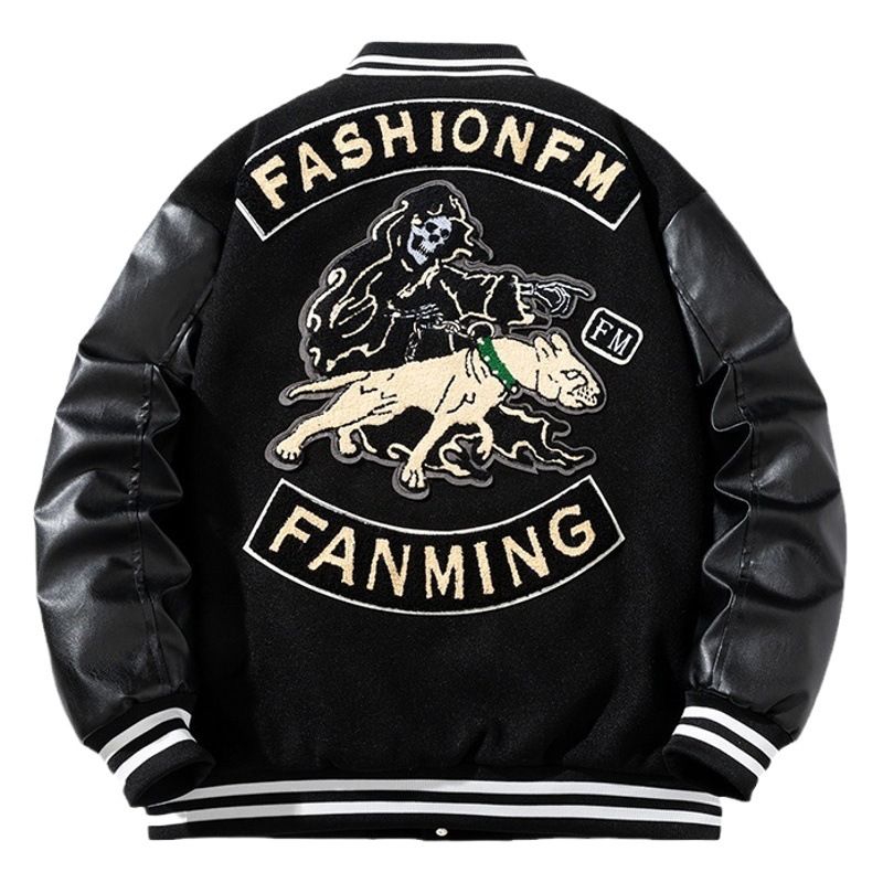 American retro motorcycle baseball uniform men's embroidered couple woolen PU leather jacket cotton and thickening coat fashion