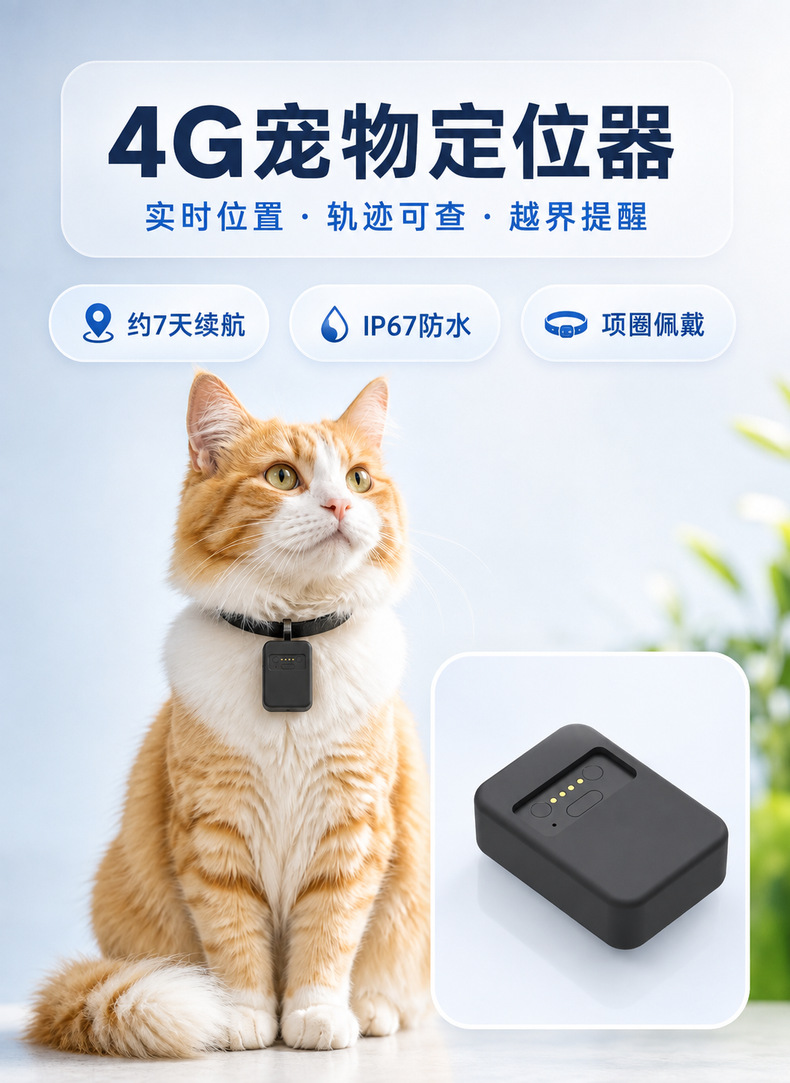 4G pet tracker for cats and dogs, GPS and Beidou real-time positioning, track playback, electronic fence, magnetic charging, anti-loss