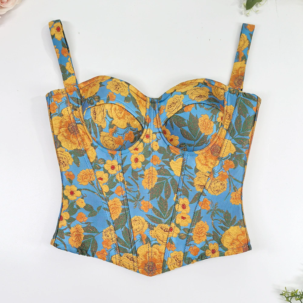 Летний топ-камизоль во французском пасторальном стиле с открытыми плечами и вышивкой подсолнухов, элегантный корректирующий бюстгальтер-бандо.