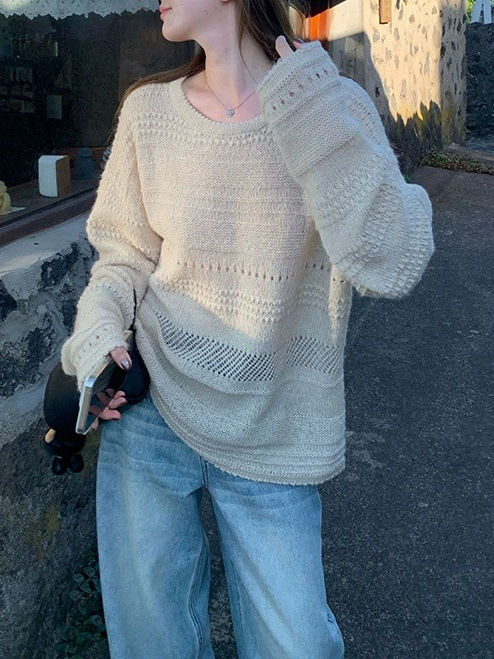 im向 闲暇周末~马海毛镂空提花圆领针织衫女秋宽松慵懒针织罩衫|undefined