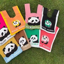 可爱熊猫针织手提包便捷卡通毛线女包夏季时尚韩版百搭托特饭盒包