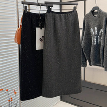 高腰亮片毛呢半身裙女秋冬季2025新款后开叉松紧腰中长款直筒裙子